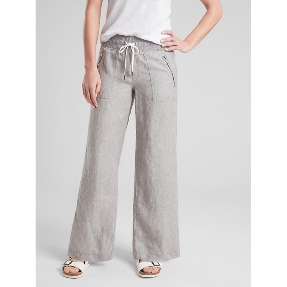 Athleta Size 12 Gray Cabo Linen Wide Leg Flare Zip Pocket Mid Rise Pants F14